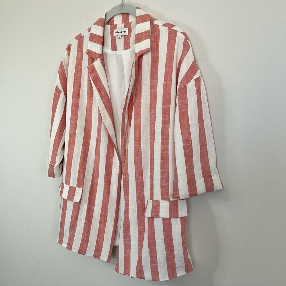 Pepaloves Pink White Stripe Linen Blend Open Front Blazer Jacket M - Picture 4 of 10